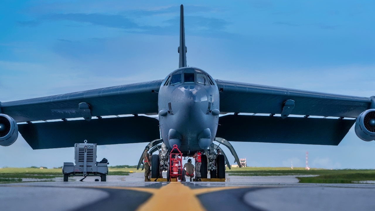 A U.S. Air Force B-52H Stratofortress bomber, deployed from Barksdale Air Force Base, La., lands at Andersen Air Force Base, Guam, July 4, 2020. The B-52 flew the 28-hour mission to demonstrate U.S. Indo-Pacific Command’s commitment to the security and stability of the Indo-Pacific region. (U.S. Air Force photo by Master Sgt. Richard P. Ebensberger)