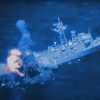 The USS Rodney M. Davis (FFG-60), an Oliver Hazard Perry-class guided missile frigate, was hit and sunk by anti-ship missiles.