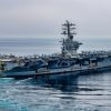 The aircraft carrier USS Nimitz (CVN 68) steams in the Pacific Ocean, Oct. 5, 2024. Nimitz is underway in 3rd Fleet conducting routine training operations. (U.S. Navy photo by Mass Communication Specialist Second Class Carson Croom)