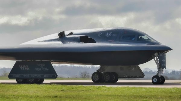 A B-2 Spirit Stealth Bomber, assigned to Whiteman Air Force Base, Missouri, prepares to take off at RAF Fairford, United Kingdom, on March 20, 2020. The aircraft is deployed as part of Bomber Task Force Europe, which tests the readiness of the Airmen and equipment that support it, as well as their collective ability to operate at forward locations. U.S. Strategic Command routinely conducts such operations across the globe to demonstrate U.S. commitment to collective defense as these aircraft, Airmen and key support equipment from Whiteman AFB, Missouri, integrate with Geographic Combatant Command operations and activities. (U.S. Air National Guard photo by Tech. Sgt. Colton Elliott)