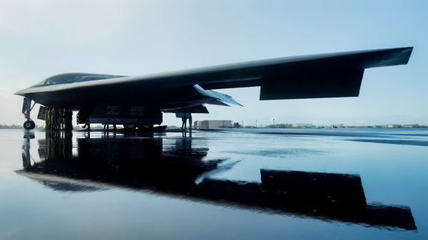 A B-2 Spirit bomber, deployed from Whiteman Air Force Base, Missouri, is staged on the flightline at Joint Base Pearl Harbor-Hickam, Hawaii, Jan. 25, 2019. Three B-2 Spirit stealth bombers and more than 200 Airmen deployed here in support of U.S. Strategic Command’s Bomber Task Force (BTF) mission. During the BTF mission 37 sorties were flown for a total of 171 hours, with eight of the missions including F-22 Raptor integration. (U.S. Air Force photo by Senior Airman Thomas Barley)