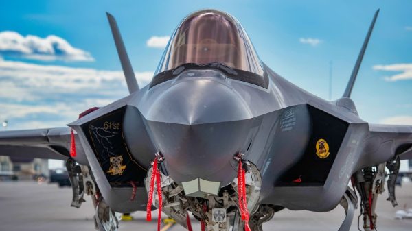 A U.S. Air Force F-35A Lightning II prepares for takeoff at Mountain Home Air Force Base, Idaho, September 22, 2022. The F-35 squadron from Luke Air Force Base, AZ used Mountain Home AFB for the terrain and airspace in order to practice simulated combat scenarios. (U.S. Air Force photo by Senior Airman Cheyenne Bassham)