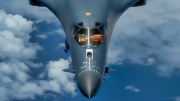 A 9th Expeditionary Bomb Squadron B-1B Lancer flies over the East China Sea May 6, 2020, during a training mission. The 9th EBS is deployed to Andersen Air Force Base, Guam, as part of a Bomber Task Force supporting Pacific Air Forces’ strategic deterrence missions and commitment to the security and stability of the Indo-Pacific region. (U.S. Air Force photo by Senior Airman River Bruce)