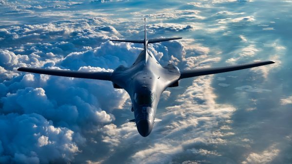 A U.S. Air Force B-1B Lancer assigned to the 34th Expeditionary Bomb Squadron, Ellsworth Air Force Base, South Dakota, flies over the United States, July 2, 2025. The B-1B is a heavy bomber with up to a 75,000 pound payload. (U.S. Air National Guard photo by Airman Spencer Strubbe)