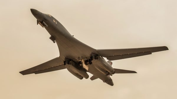 A B-1B Lancer aircraft from the 34th Bomb Squadron departs from Al Udeid Air Base, Qatar, April 8, 2017. This departure marks the airframe’s first mission in the U.S. Air Force Central Command's area of operations in more than two years. (U.S. Air Force photo by Staff Sgt. Joshua Horton)