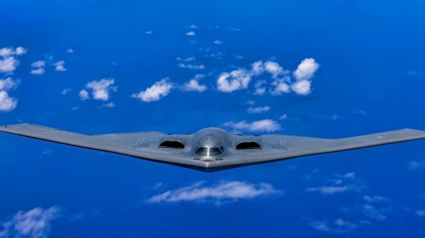 A U.S. Air Force B-2 Spirit bomber flies over the North Pacific Ocean, June 13, 2024. The speed, flexibility, and readiness of the Air Force's strategic bombers plays a critical role in deterring potential adversaries and signaling unwavering support to allies and partners. Counter-maritime missions provide valuable training opportunities to improve interoperability and demonstrate that Air Force forces are capable of operating anywhere, anytime, to meet any challenge decisively. (U.S. Marine Corps photo by Sgt. Jose Angeles)