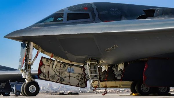 Three Whiteman Air Force Base 393rd Expeditionary Bomb Squadron B-2 Spirit stealth bombers sit on the runway during Red Flag-Nellis 22-1 on Jan. 26, 2022, at Nellis Air Force Base, Nevada. Red Flag-Nellis 22-1 provides realistic combat training that saves lives by increasing combat effectiveness. (U.S. Air Force photo by Senior Airman Michael A. Richmond)