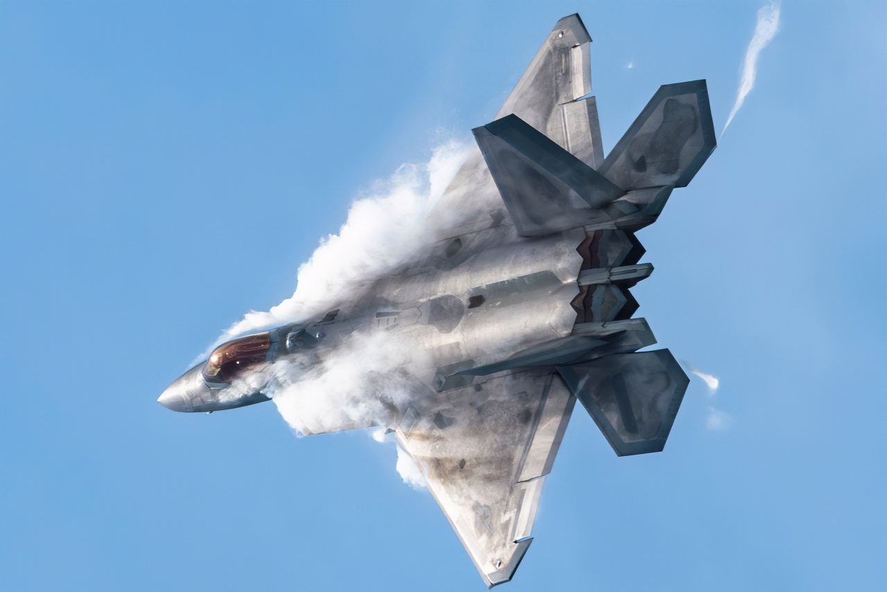U.S. Air Force Capt. Nick “Laz” Le Tourneau, F-22 Raptor Aerial Demonstration Team commander, performs an aerial maneuver during the Cocoa Beach air show in Florida, July 12, 2025. The F-22 Aerial Demonstration Team highlights cutting-edge airpower, precision, skill, all while reinforcing public confidence in the Air Force’s ability to protect and defend. (U.S. Air Force photo by Staff Sgt. Lauren Cobin)