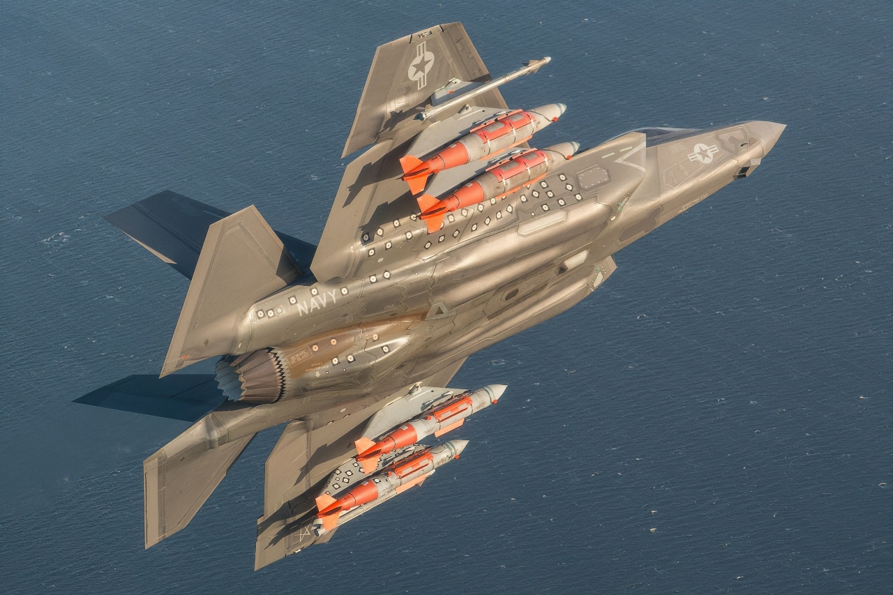 Billie Flynn, F-35 Pax River ITF, conducts an external GBU-31 and AIM-9x buffet and flutter test flight (Flt 592) from Naval Air Station Patuxent River, Maryland, April 4, 2018, in an F-35C test aircraft, CF-2. Photo courtesy of Lockheed Martin.