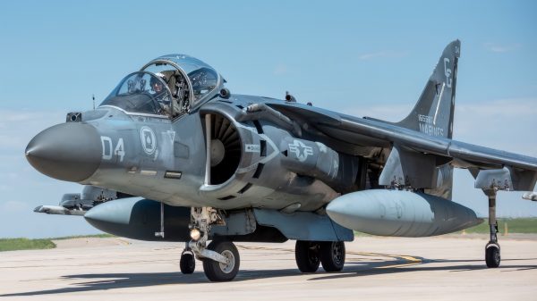 An AV-8B Harrier aircraft, known for its vertical/short takeoff and landing capabilities, utilizes the airfield at the 140th Wing, Buckley Space Force Base, Aurora, Colorado June 10, 2025. Piloted by U.S. Marine Corps Capt. Ryan Gettinger, the aircraft was demilitarized and delivered to Wings Over the Rockies Air and Space Museum in Aurora. (Photo by U.S. Air National Guard Tech. Sgt. Chance Johnson)