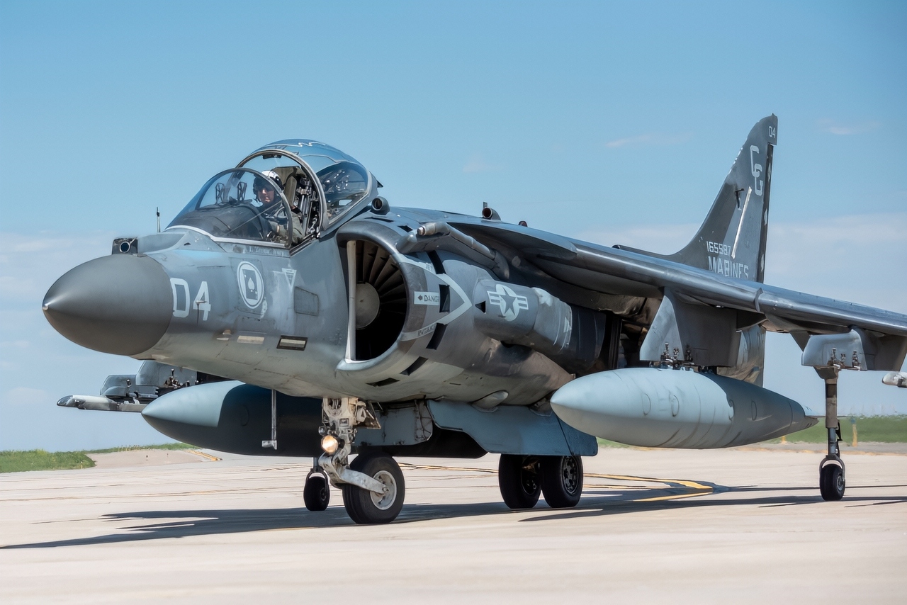 An AV-8B Harrier aircraft, known for its vertical/short takeoff and landing capabilities, utilizes the airfield at the 140th Wing, Buckley Space Force Base, Aurora, Colorado June 10, 2025. Piloted by U.S. Marine Corps Capt. Ryan Gettinger, the aircraft was demilitarized and delivered to Wings Over the Rockies Air and Space Museum in Aurora. (Photo by U.S. Air National Guard Tech. Sgt. Chance Johnson)