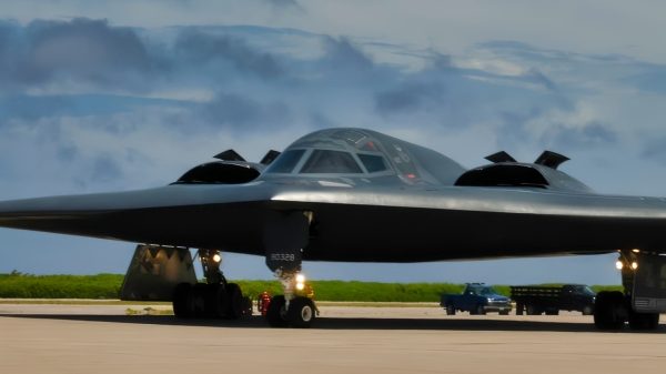 A B-2 Spirit Stealth Bomber, deployed from Whiteman Air Force Base, Missouri, taxis for take off at Naval Support Facility Diego Garcia, in support a Bomber Task Force mission, Aug. 26, 2020. BTF missions allow U.S. Strategic Command to provide persistent, long-term bomber presence to aid in U.S. Indo-Pacific Command’s commitment to a free and open Indo-Pacific. (U.S Air Force photo by Tech. Sgt. Heather Salazar)