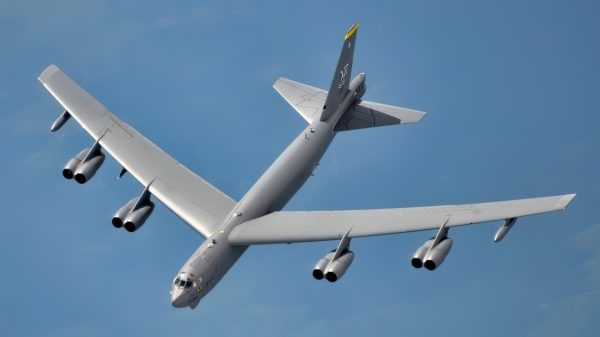 A B-52 Stratofortress assigned to the 5th Bomb Wing, Minot Air Force Base, North Dakota, completes refueling behind a KC-135 Stratotanker assigned to the 134th Air Refueling Wing, Tennessee Air National Guard, during exercise Saber Guardian 19, June 17, 2019. The bombers participated in three exercises in the Baltic and Black Sea regions, providing opportunities for training with our allies and partners. Strategic bomber missions enhance the readiness and training necessary to respond to any potential crisis or challenge across the globe. The USEUCOM, NATO exercise promotes regional stability and security while increasing readiness, strengthening partner capabilities and fostering trust. (U.S. Air National Guard photo by Tech. Sgt. Daniel Gagnon)