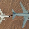A KC-46A assigned to the 418th Flight Test Squadron at Edwards Air Force Base positions to refuel a Royal Australian Air Force E-7A Wedgetail in the airspace near Edwards. Aircrews from the USAF, RAAF, and Royal Air Force worked together to rapidly certify this enhanced combat capability for the RAAF E-7A fleet. The trilateral test also allowed the United Kingdom and United States Air Force to gain early test experience ahead of their anticipated fielding of E-7 aircraft variants. (Air Force photo by Richard Gonzales)