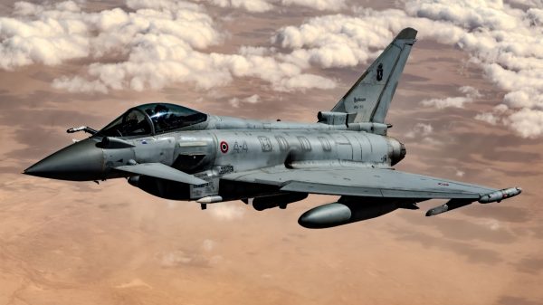 An Italian Air Force F-2000 Eurofighter Typhoon flies a routine presence patrol mission over the U.S. Central Command area of responsibility, Feb. 6, 2025. Close collaboration with partner nations improves interoperability, ensuring rapid crisis response and sustained operations to protect vital mutual interests in the AOR.