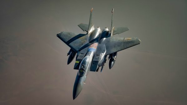 A U.S. Air Force F-15E Strike Eagle conducts a combat air patrol in the Air Force Central Command area of responsibility, June 10, 2025. These patrols are conducted in order to deter aggression and aid stability within the region. (U.S. Air Force Photo by Staff Sgt. John C.B. Ennis)