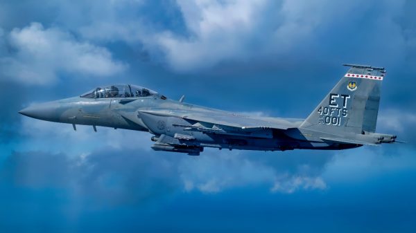 A U.S. Air Force F-15EX Eagle II fighter jet assigned to Eglin Air Force Base, Florida, flies near Jacksonville, Florida, Nov. 2, 2024. Airmen from the 40th Flight Test Squadron and 96th Aircraft Maintenance Unit supported a flyover for the annual Florida-Georgia college football game. (U.S. Air Force photo by Staff Sgt. Blake Wiles)