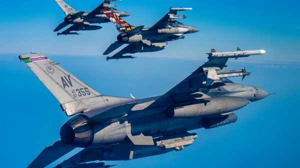 Three U.S. Air Force F-16 Fighting Falcons assigned to the 31st Fighter Wing at Aviano Air Base fly in formation during Exercise Combined Strike 25 along the coast of Italy, August 18, 2025. Integration flying training is key to enhancing interoperability with NATO partners and increasing our readiness capabilities. (U.S. Air Force photo by Senior Airman Zachary Jakel)