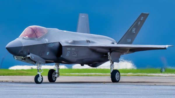 A U.S. Air Force F-35A Lightning II, from the 421st Expeditionary Fighter Squadron, deployed to Kadena Air Base, taxis after a training mission at Kadena Air Base, Japan, July 11, 2025. The F-35 is an agile, versatile, high-performance, multirole fighter that combines stealth, sensor fusion and unprecedented situational awareness to overcome adversarial and situational challenges. (U.S. Air Force photo by Airman Nathaniel Jackson)