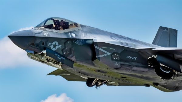 U.S. Navy Lt. Dave Hinkle, F-35C Lightning II Demonstration Pilot, performs during the 2021 Atlanta Air Show, Atlanta Regional Airport-Falcon Field, Ga., May 23, 2021. The U.S. Navy and Marine Corps' carrier variant has larger wings and more robust landing gear than the other F-35 variants, making it suitable for catapult launches and fly-in arrestments aboard naval aircraft carriers. (U.S. Air Force photo by Staff Sergeant Thomas Barley)