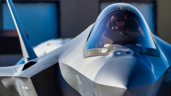 An F-35A Lightning II fighter jet, a single seat, single engine, all-weather stealth multirole fighter aircraft, assigned to the 466 fighter squadron prepares to taxi across the flightline at Hill Air Force Base, Utah, Oct. 5, 2024.