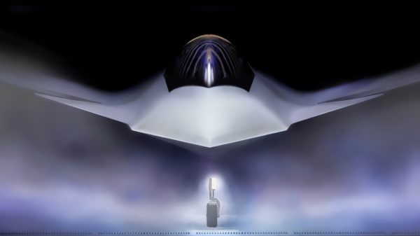 Shown is a graphical artist rendering of the Next Generation Air Dominance (NGAD) Platform. The rendering highlights the Air Force’s sixth generation fighter, the F-47. The NGAD Platform will bring lethal, next-generation technologies to ensure air superiority for the Joint Force in any conflict. (U.S. Air Force graphic)