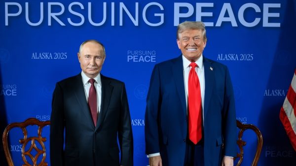 President Donald Trump poses for a photo with Russian president Vladimir Putin in the Billy Mitchell Room at Joint Base Elmendorf Richardson in Anchorage, Alaska, Friday, August 15, 2025. (Official White House Photo by Daniel Torok)
