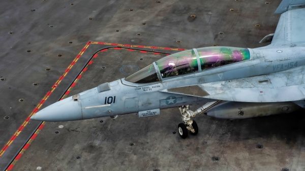 (July 24, 2025) – A U.S. Navy F/A-18F Super Hornet, assigned to the “Black Knights” of Strike Fighter Squadron (VFA) 154, transits the flight deck of Nimitz-class aircraft carrier USS Theodore Roosevelt (CVN 71), July 24, 2025. Theodore Roosevelt, flagship of Carrier Strike Group (CSG) 9, is underway conducting exercises to bolster strike group readiness and capability in the U.S. 3rd Fleet area of operations. (U.S. Navy photo by Mass Communication Specialist Seaman Maddix Almeyda)