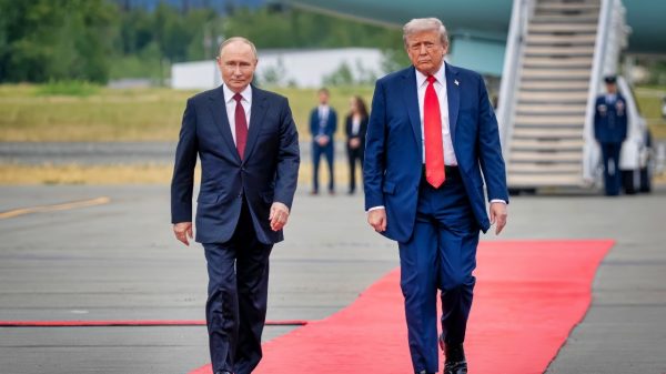 President Donald J. Trump welcomes Russian President Vladimir Putin to Joint Base Elmendorf-Richardson, Anchorage, Alaska, August 15, 2025 (DoD photo by Benjamin Applebaum)
