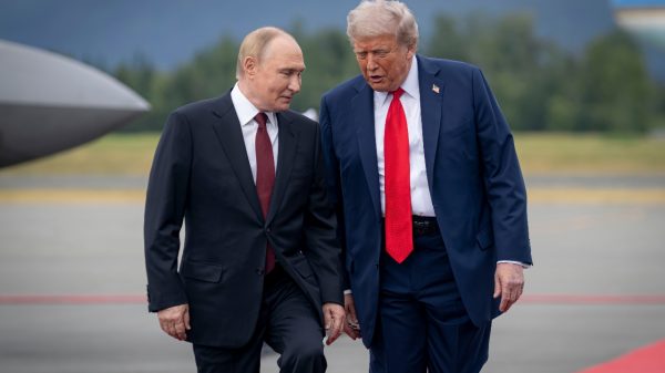 President Donald J. Trump welcomes Russian President Vladimir Putin to Joint Base Elmendorf-Richardson, Anchorage, Alaska, August 15, 2025 (DoD photo by Benjamin Applebaum)