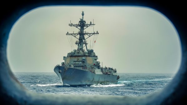 (August 1, 2025) The Arleigh Burke-class guided-missile destroyer USS Wayne E. Meyer (DDG 108) approaches the Nimitz-class aircraft carrier USS Nimitz (CVN 68) for a replenishment-at-sea in the U.S. Central Command area of responsibility. (Official U.S. Navy photo)