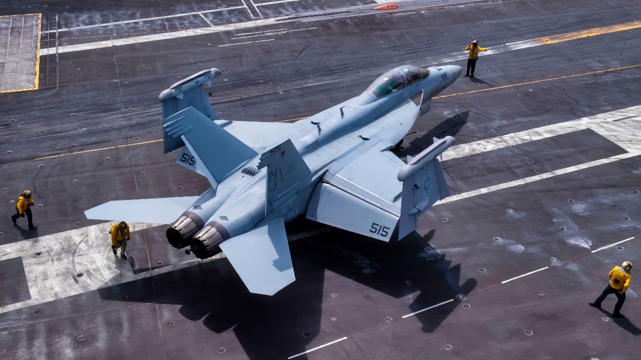 PACIFIC OCEAN (Aug. 11, 2025) – U.S. Navy Sailors direct an E/A-18G Growler, assigned to the “Vikings” of Electronic Attack Squadron (VAQ) 129, on the flight deck of the Nimitz-class aircraft carrier USS Theodore Roosevelt (CVN 71), Aug. 11, 2025. Theodore Roosevelt, flagship of Carrier Strike Group (CSG) 9, is underway conducting exercises to bolster strike group readiness and capability in the U.S. 3rd Fleet area of operations. (U.S. Navy photo by Mass Communication Specialist Seaman Apprentice Cesar Nungaray)