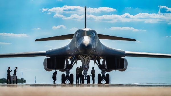 A U.S. Air Force B-1B Lancer assigned to the 345th Expeditionary Bomb Squadron is photographed after landing at Dyess Air Force Base, Texas, Aug. 22, 2025. Three bombers deployed for Bomber Task Force Europe with a total force integration team composed of roughly 30% active-duty and 70% reserve Airmen from the 7th Bomb Wing and 489th Bomb Group. (U.S. Air Force photo by Senior Airman Jade M. Caldwell)