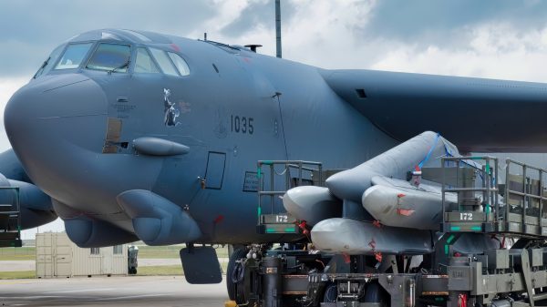 A B-52H Stratofortress sits on the flightline before a munitions load operation at Minot Air Force Base, North Dakota, Sept 5, 2025. The base-wide readiness exercise tested the wing’s ability to generate aircraft, conduct security operations and respond to challenging scenarios. (U.S. Air Force photo by Airman 1st Class Vincent Padilla)