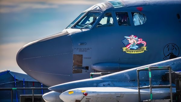A U.S. Air Force B-52H Stratofortress assigned to the 23rd Bomb Squadron sits on the flightline during exercise Prairie Vigilance 25-1 at Minot Air Force Base, North Dakota, April 12, 2025. Vigilance series exercises are conducted with a focus on the safe and secure handling of equipment. (U.S. Air Force photo by Senior Airman Kyle Wilson)