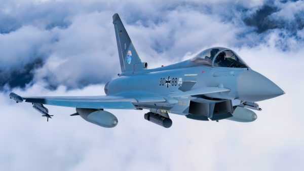 A German Air Force Eurofighter Typhoon flies over Alaska during exercise Arctic Defender 24 at Joint Base Elmendorf-Richardson, Alaska, July 8, 2024. Arctic Defender is a German Air Force-led exercise that provides a unique opportunity to integrate various forces into joint, coalition and multilateral training from simulated forward operating bases and is part of several exercises under Pacific Skies 24. Pacific Skies is a combination of several exercises in the Indo-Pacific theater in which German, French and Spanish air forces participate with U.S. forces. (U.S. Air Force photo Senior Airman Shelimar Rivera Rosado)