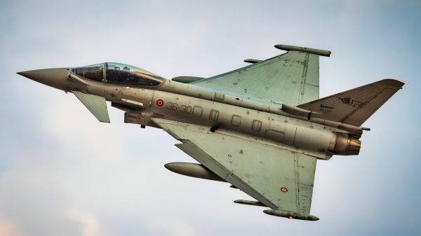 An Italian Air Force Eurofighter Typhoon maneuvers during a joint close air support exercise with U.S. Marines attached to the Special Purpose Marine Air-Ground Task Force – Crisis Response – Central Command (SPMAGTF-CR-CC) 19.2, and service members with the Italian Air Force in Kuwait, Oct. 14, 2019. The SPMAGTF-CR-CC works with partner nations on maintaining regional security. (U.S. Marine Corps photo by Sgt. Kyle C. Talbot)