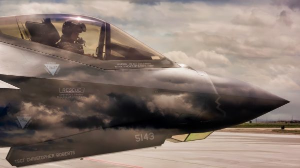 An F-35 Lightning II pilot from Hill Air Force Base, Utah, waits to taxi onto the runway June 20, 2019, at Mountain Home Air Force Base, Idaho. This double exposure photo was achieved in camera by combining two perspectives, a photo of the F-35 and photo of the sky, to create a singular image. (U.S. Air Force photo illustration by Airman 1st Class Andrew Kobialka)
