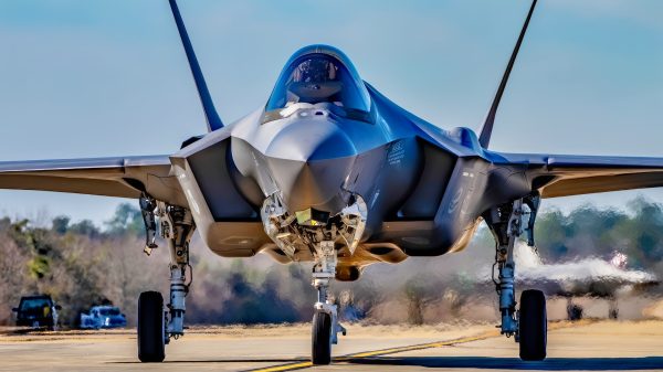 An F-35 Lightning II taxis on the runway during the “Maple Thunder” exercise, at North Auxiliary Airfield, Joint Base Charleston, North, South Carolina, January 30, 2024. Airman with the 158th FW are participating in Maple Thunder to implement the Agile Combat Employment concept. (U.S. Air Force photo by Dr. Sandeep Mulgund)
