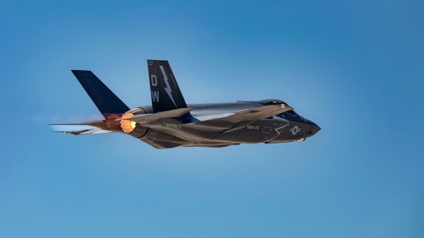 A U.S. Marine Corps F-35C Lightning II assigned to Marine Fighter Attack Squadron 251 (VMFA-251), Marine Corps Air Station Cherry Point, North Carolina, takes off for a mission in support of Red Flag-Nellis Marine Fighter Attack Squadron 251 (VMFA-251), 2nd Marine Aircraft Wing, Marine Corps Air Station Cherry Point, North Carolina 25-3 from Nellis Air Force Base, Nevada, July 22, 2025. Red Flag, strengthens join-force readiness through integration in realistic combat scenarios, enhancing interoperability and rapid-response capabilities. (U.S. Air Force photo by William R. Lewis)