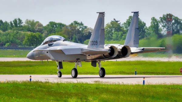 F-15EX-9 in St. Louis Missouri, shortly before delivery to Portland Air National Guard Base, Ore. (Boeing/Eric Shindelbower)