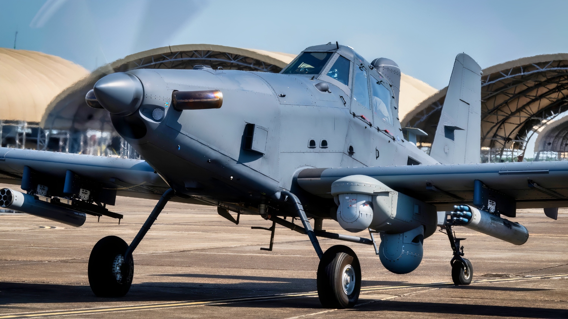 An OA-1K Skyraider II prepares for take-off June 25, 2025, at Eglin Air Force Base, Florida. The new Air Force Special Operations Command aircraft continues developmental testing with 96th Test Wing and U.S. Special Operations Command at Eglin. (U.S. Air Force photo by Samuel King Jr.)