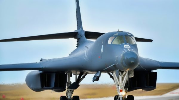 A U.S. Air Force B-1B Lancer assigned to the 37th Bomb Squadron taxis off the runway at Ellsworth Air Force Base, S.D., after completing a CONUS-to-CONUS mission, Nov. 03, 2024. All missions are closely planned with the appropriate Geographic Combatant Commands, Allies, and partners to ensure maximum training and integration opportunities as well as compliance with all national and international requirements and protocols. (U.S. Air Force photo by Airman Alec Carlberg)