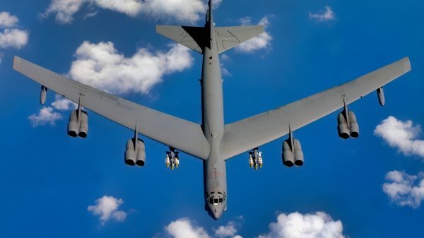 B-52 Stratofortress, 40th Expeditionary Bomb Squadron, loaded with 12 Joint Direct Attack Munitions (JDAM) heads toward Iraq with it's new mission directive. The bomber's mission is to provide close air support for coalition troops stabilizing the country of Iraq, April 15, 2003. Operation Iraqi Freedom is the multi-national coalition effort to liberate the Iraqi people, eliminate Iraqi's weapons of mass destruction and end the regime of Saddam Hussein. (U.S. Air Force photo by Tech. Sgt. Richard Freeland) (Released)