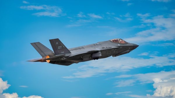 F-35A Lightning II's from the 34th Fighter Squadron at Hill Air Force Base, Utah, land at Royal Air Force Lakenheath, England, April 15, 2017. The aircraft arrival marks the first F-35A fighter training deployment to the U.S. European Command area of responsibility. (U.S. Air Force photo/Tech. Sgt. Matthew Plew)