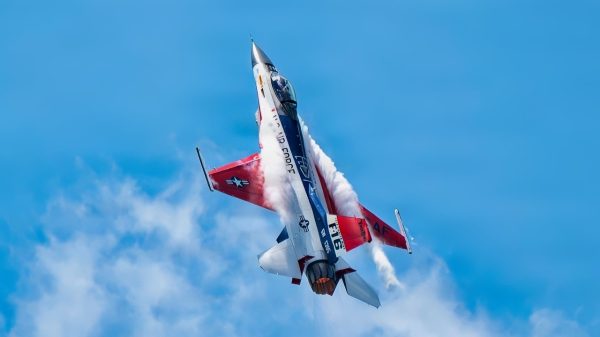 U.S. Air Force Maj. Taylor “FEMA” Hiester, F-16 Viper Demonstration Team commander and pilot, performs aerial maneuvers in a U.S. Air Force F-16C Fighting Falcon during an air show at Latrobe, Pennsylvania, June 21, 2025. The F-16, a multi-role fighter aircraft capable of both air-to-air and air-to-ground combat, demonstrates its versatility through dynamic aerial demonstrations at air shows across the globe. (U.S. Air Force photo by Senior Airman Steven Cardo)