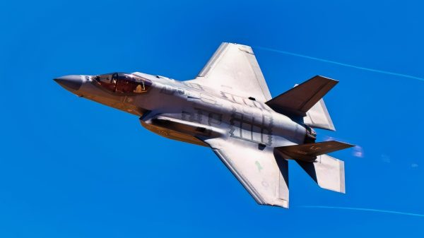 An F-35 Lightning II assigned to the 56th Fighter Wing performs a strafing run during exercise Haboob Havoc, April 26, 2023, over Barry M. Goldwater Range, Ariz. Haboob Havoc is a total force competition enabling pilots from various bases to demonstrate their skills across a diverse range of aircraft while also testing their abilities in different mission sets such as dogfighting and gun-runs. (U.S. Air Force photo by Airman 1st Class Mason Hargrove)