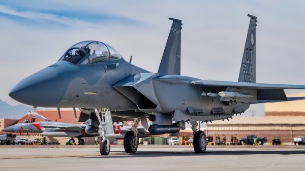 An F-15EX Eagle II Fighter Jet assigned to the 85th Test and Evaluation Squadron, Eglin Air Force Base, Florida, taxis out from Nellis Air Force Base, Nevada, Oct. 21, 2021. The new F-15EX aircrafts are at Nellis AFB to test how effective and suitable the aircraft is for future use in our Air Force. (U.S. Air Force photo by William R. Lewis)